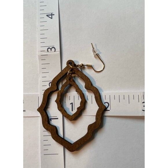 Earrings Wooden Lazer Cut are Double Drop with Open Frame Lightweight Casual - Picture 4 of 5